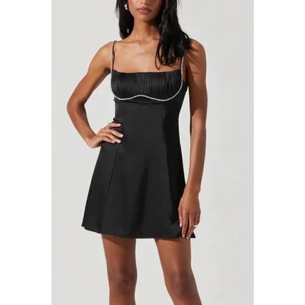 NWT ASTR The Label Mina Satin Rhinestone Trim Mini‎ Dress in Black, Size Small